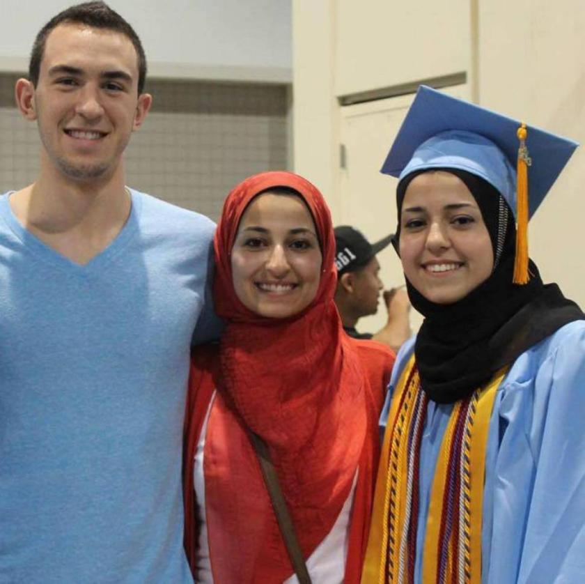 From left 23-year-old Deah Shaddy Barakat, his wife, Yusor Mohammad Abu-Salha, 21, and her sister, Razan Mohammad Abu-Salha, 19