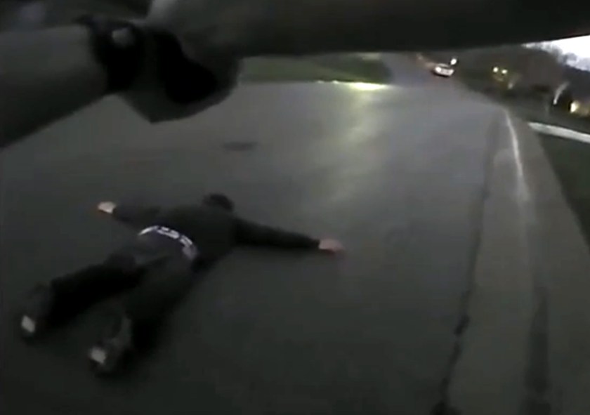 Michael Wilcox, 27, prone on the ground, unharmed